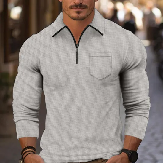 Sale OUKU Men's Waffle Polo Shirt Quarter Zip Polo Daily Holiday Quarter Zip Long Sleeve Fashion Modern Plain Front Pocket Spring & Fall Regular Fit Black White Navy Blue Light Grey Beige Waffle Polo Shirt