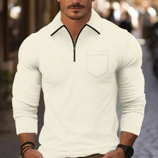Sale OUKU Men's Waffle Polo Shirt Quarter Zip Polo Daily Holiday Quarter Zip Long Sleeve Fashion Modern Plain Front Pocket Spring & Fall Regular Fit Black White Navy Blue Light Grey Beige Waffle Polo Shirt