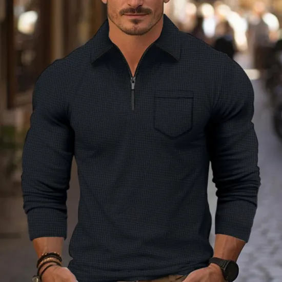 Sale OUKU Men's Waffle Polo Shirt Quarter Zip Polo Daily Holiday Quarter Zip Long Sleeve Fashion Modern Plain Front Pocket Spring & Fall Regular Fit Black White Navy Blue Light Grey Beige Waffle Polo Shirt