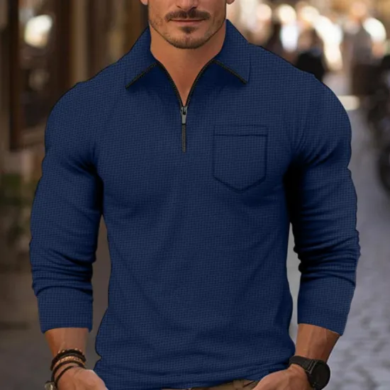 Sale OUKU Men's Waffle Polo Shirt Quarter Zip Polo Daily Holiday Quarter Zip Long Sleeve Fashion Modern Plain Front Pocket Spring & Fall Regular Fit Black White Navy Blue Light Grey Beige Waffle Polo Shirt