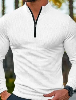 Online OUKU Men's Waffle Polo Shirt Quarter Zip Polo Outdoor Leisure Home Quarter Zip Long Sleeve Fashion Modern Solid Color Knit Spring and Autumn Fitted Cut