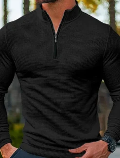 Online OUKU Men's Waffle Polo Shirt Quarter Zip Polo Outdoor Leisure Home Quarter Zip Long Sleeve Fashion Modern Solid Color Knit Spring and Autumn Fitted Cut