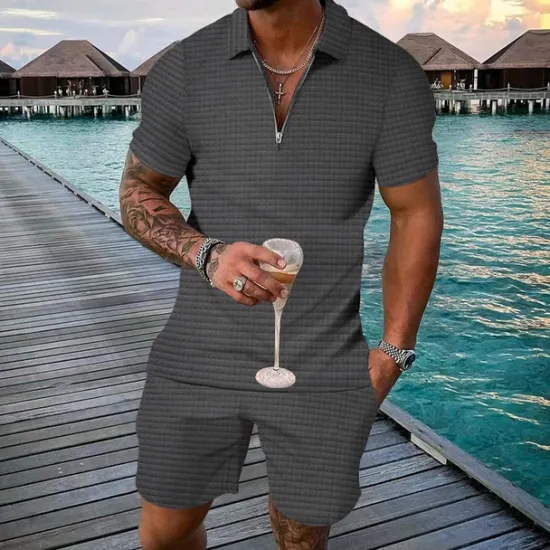Clearance OUKU Men's Waffle Polo Shirt Quarter Zip Polo Daily Holiday Quarter Zip Short Sleeve Fashion Basic Plain 2 Piece Spring & Summer Regular Fit Black White Khaki Army Green Dark Gray Waffle Polo Shirt