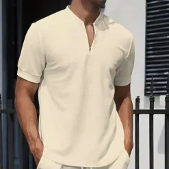 OUKU Men's Waffle Polo Shirt Quarter Zip Polo Daily Holiday Quarter Zip Short Sleeve Fashion Basic Plain Spring & Summer Regular Fit Black White Royal Blue Light Grey Apricot Waffle Polo Shirt