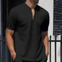 OUKU Men's Waffle Polo Shirt Quarter Zip Polo Daily Holiday Quarter Zip Short Sleeve Fashion Basic Plain Spring & Summer Regular Fit Black White Royal Blue Light Grey Apricot Waffle Polo Shirt