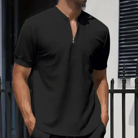 OUKU Men's Waffle Polo Shirt Quarter Zip Polo Daily Holiday Quarter Zip Short Sleeve Fashion Basic Plain Spring & Summer Regular Fit Black White Royal Blue Light Grey Apricot Waffle Polo Shirt