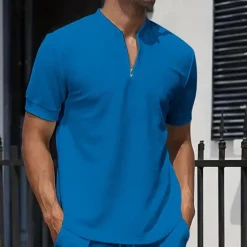 OUKU Men's Waffle Polo Shirt Quarter Zip Polo Daily Holiday Quarter Zip Short Sleeve Fashion Basic Plain Spring & Summer Regular Fit Black White Royal Blue Light Grey Apricot Waffle Polo Shirt
