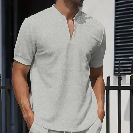 OUKU Men's Waffle Polo Shirt Quarter Zip Polo Daily Holiday Quarter Zip Short Sleeve Fashion Basic Plain Spring & Summer Regular Fit Black White Royal Blue Light Grey Apricot Waffle Polo Shirt