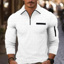 Best OUKU Men's Waffle Polo Shirt Quarter Zip Polo Daily Holiday Quarter Zip Long Sleeve Fashion Modern Plain Spring & Fall Regular Fit Black White Navy Blue Orange Dark Gray Gray Waffle Polo Shirt