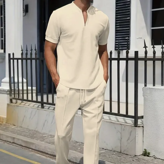 New OUKU Men's Waffle Polo Shirt Quarter Zip Polo Daily Holiday Quarter Zip Short Sleeve Fashion Basic Plain Spring & Summer Regular Fit Black White Blue Khaki Gray Waffle Polo Shirt