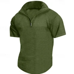 Best OUKU Men's Waffle Polo Shirt Quarter Zip Polo Daily Holiday Quarter Zip Short Sleeve Fashion Basic Plain Spring & Summer Regular Fit Black White Burgundy Khaki Light Grey Army Green Waffle Polo Shirt