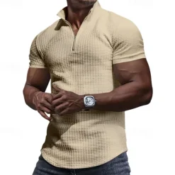 Best OUKU Men's Waffle Polo Shirt Quarter Zip Polo Daily Holiday Quarter Zip Short Sleeve Fashion Basic Plain Spring & Summer Regular Fit Black White Burgundy Khaki Light Grey Army Green Waffle Polo Shirt