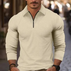 Sale OUKU Men's Waffle Polo Shirt Quarter Zip Polo Daily Holiday Quarter Zip Long Sleeve Fashion Modern Plain Spring & Fall Regular Fit White Yellow Blue Brown Green Khaki Waffle Polo Shirt