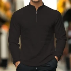 Clearance OUKU Men's Waffle Polo Shirt Waffle T Shirt Sports Outdoor Cycling / Bike Standing Collar Quarter Zip Long Sleeve Fashion Modern Solid Color Knitted Spring & Fall Standard Fit Light Blue Black White Dark