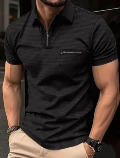 Sale OUKU Men's Waffle Polo Shirt Zip Polo Outdoor Sports Lapel Quarter Zip Short Sleeve Fashion Modern Plain Zipper Pocket Summer Regular Fit Black White Navy Blue Beige Gray Waffle Polo Shirt