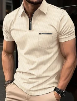 Sale OUKU Men's Waffle Polo Shirt Zip Polo Outdoor Sports Lapel Quarter Zip Short Sleeve Fashion Modern Plain Zipper Pocket Summer Regular Fit Black White Navy Blue Beige Gray Waffle Polo Shirt