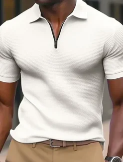 Hot OUKU Men's Waffle Polo Shirt Zip Polo Outdoor Sports Lapel Quarter Zip Short Sleeve Fashion Modern Plain Zipper Summer Regular Fit Waffle Polo Shirt White