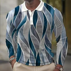 Sale OUKU Men's Waffle Polo Shirts Golf Shirt Long Sleeve Polo Shirts Collared Shirts Vacation Wear Formal Wear Festival Wear Buttons 3D Print Summer Blue