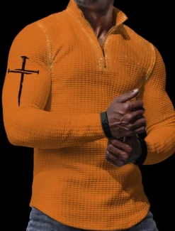 Best OUKU Men's Waffle Polo Shirts Golf Polos Shirts Long Sleeve Polo Shirts Turndown Zip Vintage Casual Daily 3D Print Fall & Winter Black White Orange