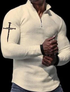 Best OUKU Men's Waffle Polo Shirts Golf Polos Shirts Long Sleeve Polo Shirts Turndown Zip Vintage Casual Daily 3D Print Fall & Winter Black White Orange