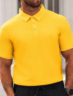 Discount OUKU Men's Waffle Polo Shirts Golf Shirt Work Casual Lapel Short Sleeve Basic Modern Plain Buttons Summer Spring Regular Fit Black White Yellow Red Light Grey Light Blue Waffle Polo Shirts