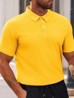Discount OUKU Men's Waffle Polo Shirts Golf Shirt Work Casual Lapel Short Sleeve Basic Modern Plain Buttons Summer Spring Regular Fit Black White Yellow Red Light Grey Light Blue Waffle Polo Shirts