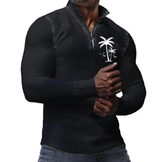 Sale OUKU Men's Waffle Polo Shirts Golf Polos Shirts Long Sleeve Polo Shirts Zip Casual Casual Daily Fall & Winter Black White Apricot