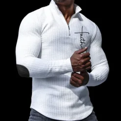 OUKU Men's Waffle Polo Shirts Golf Polos Shirts Long Sleeve Polo Shirts Turndown Zip Casual Daily 3D Print Fall & Winter Black White Apricot