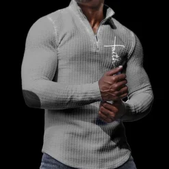 OUKU Men's Waffle Polo Shirts Golf Polos Shirts Long Sleeve Polo Shirts Turndown Zip Casual Daily 3D Print Fall & Winter Black White Apricot