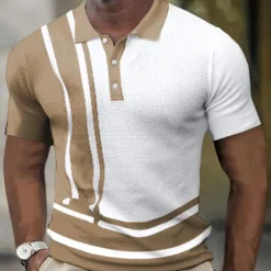 Clearance OUKU Men's Waffle Polo Shirts Golf Shirt Street Casual Polo Collar Classic Short Sleeve Fashion Casual Striped Button Front Button-Down Spring & Summer Regular Fit White gray Navy Blue Blue Coffee Light