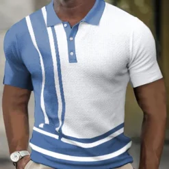 Clearance OUKU Men's Waffle Polo Shirts Golf Shirt Street Casual Polo Collar Classic Short Sleeve Fashion Casual Striped Button Front Button-Down Spring & Summer Regular Fit White gray Navy Blue Blue Coffee Light