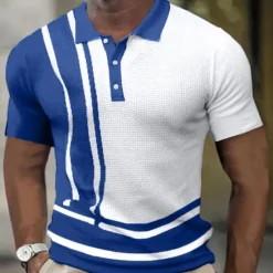 Clearance OUKU Men's Waffle Polo Shirts Golf Shirt Street Casual Polo Collar Classic Short Sleeve Fashion Casual Striped Button Front Button-Down Spring & Summer Regular Fit White gray Navy Blue Blue Coffee Light