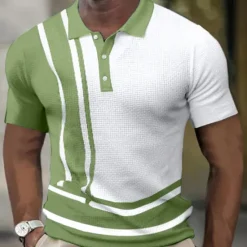 Clearance OUKU Men's Waffle Polo Shirts Golf Shirt Street Casual Polo Collar Classic Short Sleeve Fashion Casual Striped Button Front Button-Down Spring & Summer Regular Fit White gray Navy Blue Blue Coffee Light