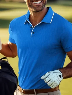 Outlet OUKU Men's Waffle Polo Shirts Golf Shirt Casual Sports Lapel Short Sleeve Fashion Basic Plain Buttons Summer Regular Fit Light Green Pink Navy Blue Royal Blue Waffle Polo Shirts