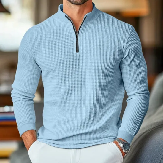 Clearance OUKU Men's Waffle Polo Shirts Home Standing Collar Quarter Zip Long Sleeve Basic Solid Color Knitted Spring & Fall Standard Fit Light Blue Black White Gray Waffle Polo Shirts