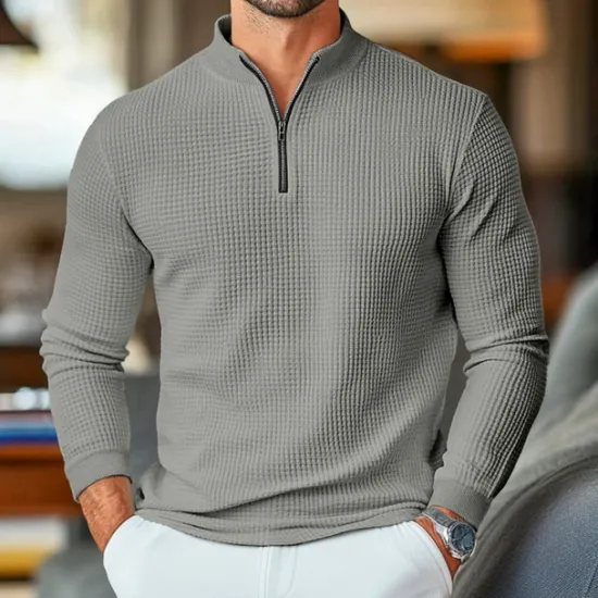 Clearance OUKU Men's Waffle Polo Shirts Home Standing Collar Quarter Zip Long Sleeve Basic Solid Color Knitted Spring & Fall Standard Fit Light Blue Black White Gray Waffle Polo Shirts