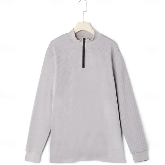 Clearance OUKU Men's Waffle Polo Shirts Home Standing Collar Quarter Zip Long Sleeve Basic Solid Color Knitted Spring & Fall Standard Fit Light Blue Black White Gray Waffle Polo Shirts