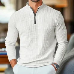 Clearance OUKU Men's Waffle Polo Shirts Home Standing Collar Quarter Zip Long Sleeve Basic Solid Color Knitted Spring & Fall Standard Fit Light Blue Black White Gray Waffle Polo Shirts