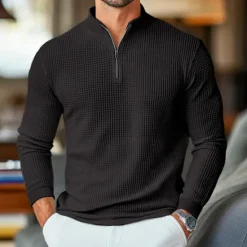 Clearance OUKU Men's Waffle Polo Shirts Home Standing Collar Quarter Zip Long Sleeve Basic Solid Color Knitted Spring & Fall Standard Fit Light Blue Black White Gray Waffle Polo Shirts