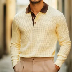 OUKU Men's Waffle Polo Shirts Knit Polo Sweater Business Casual Lapel Classic Long Sleeve Fashion Basic Solid Color Pocket Fall Winter Regular Fit Waffle Polo Shirts Yellow