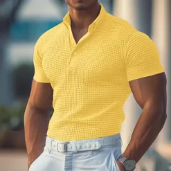 Online OUKU Men's Waffle Polo Shirts Polo Shirts Casual Holiday Lapel Ribbed Polo Collar Short Sleeve Fashion Basic Plain Buttons Soft Summer Spring Regular Fit White Yellow Khaki Gray Waffle Polo Shirts