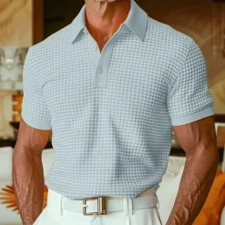 OUKU Men's Waffle Polo Shirts Polo Shirts Casual Holiday Lapel Ribbed Polo Collar Short Sleeve Fashion Basic Plain Buttons Soft Summer Spring Regular Fit White Yellow Burgundy Mint Green Green khaki