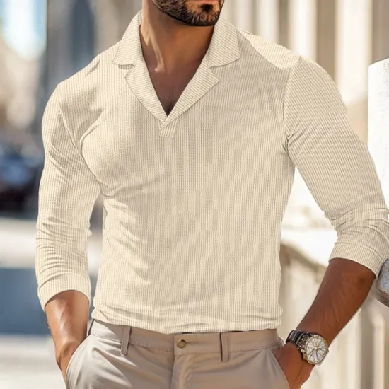 Best OUKU Men's Waffle Polo Shirts Polo Shirts Street Business Cuban Collar Long Sleeve Fashion Basic Solid Color V Neck Fall Winter Cross-Seasons Regular Fit Black White Blue khaki Grey Waffle Polo Shirts