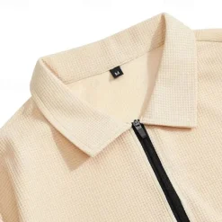 New OUKU Men's Waffle Polo Shirts Quarter Zip Polo Daily Holiday Quarter Zip Long Sleeve Fashion Modern Plain 2 Piece Spring & Fall Regular Fit Black White Blue Khaki Light Grey Waffle Polo Shirts