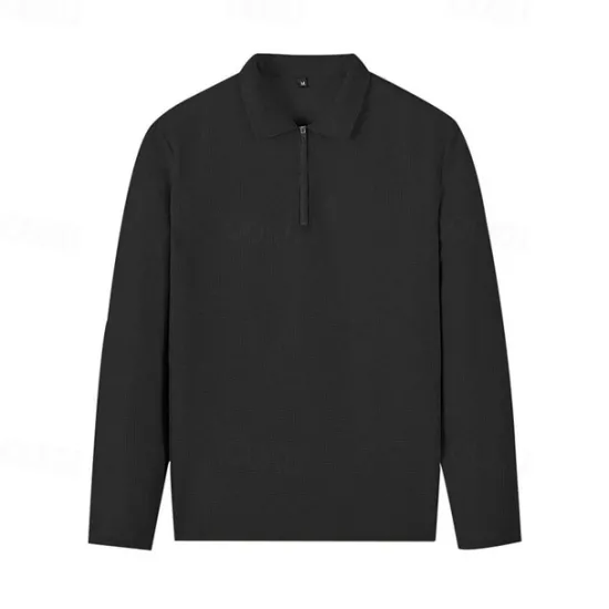 New OUKU Men's Waffle Polo Shirts Quarter Zip Polo Daily Holiday Quarter Zip Long Sleeve Fashion Modern Plain 2 Piece Spring & Fall Regular Fit Black White Blue Khaki Light Grey Waffle Polo Shirts