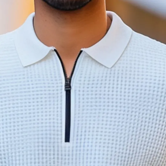 Sale OUKU Men's Waffle Polo Shirts Quarter Zip Polo Outdoor Causal Quarter Zip Long Sleeve Fashion Modern Solid Color Knitted Spring & Fall Standard Fit Waffle Polo Shirts White