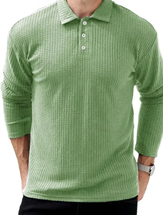 OUKU Men's Waffle Polo Shirts Street Casual Lapel Long Sleeve Modern Comfortable Plain Textured Buttons Spring Fall Winter dark brown Robin's Egg Blue Black White Navy Blue Dark Green Waffle Polo Shirts