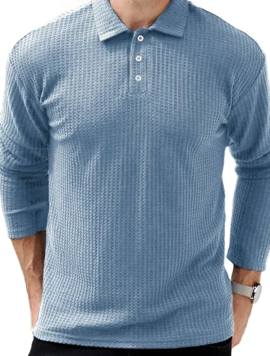 OUKU Men's Waffle Polo Shirts Street Casual Lapel Long Sleeve Modern Comfortable Plain Textured Buttons Spring Fall Winter dark brown Robin's Egg Blue Black White Navy Blue Dark Green Waffle Polo Shirts