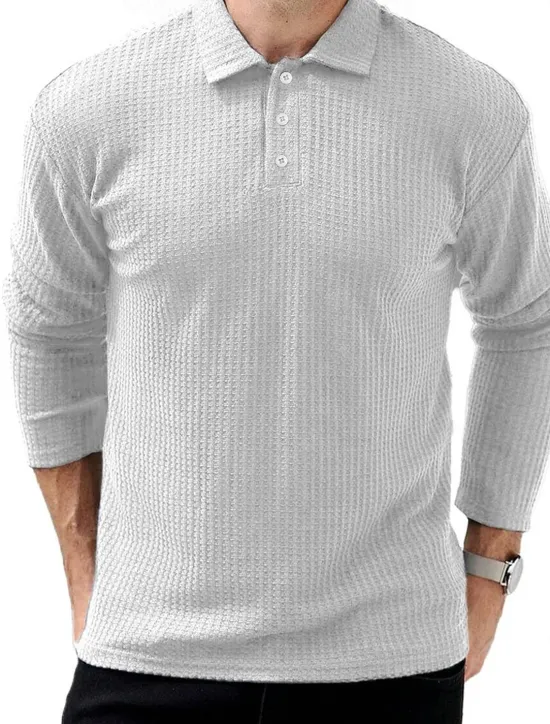 OUKU Men's Waffle Polo Shirts Street Casual Lapel Long Sleeve Modern Comfortable Plain Textured Buttons Spring Fall Winter dark brown Robin's Egg Blue Black White Navy Blue Dark Green Waffle Polo Shirts