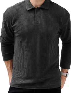 OUKU Men's Waffle Polo Shirts Street Casual Lapel Long Sleeve Modern Comfortable Plain Textured Buttons Spring Fall Winter dark brown Robin's Egg Blue Black White Navy Blue Dark Green Waffle Polo Shirts